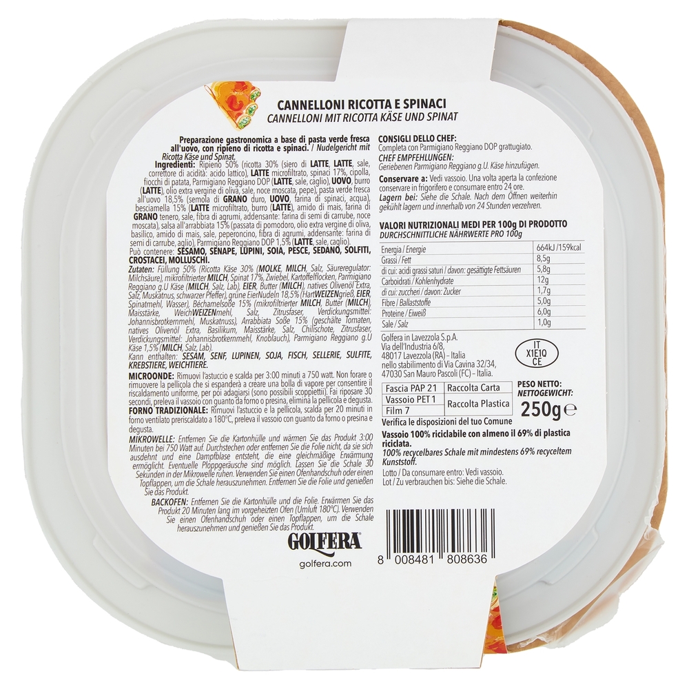 Golfera Ben Fatto Cannelloni Ricotta e Spinaci 250 g